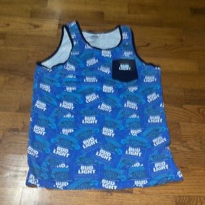 Bud Light Blue White All Over Beer Can Print Pocket Tank Top men's size Medium